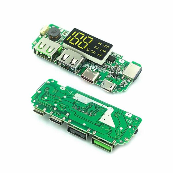 Image du module chargeur boost avec écran digital intégré, conçu pour charger et booster des batteries lithium 18650 avec sortie 5V 2.4A